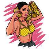 Afro Woman Holding Money Bundle Vector  Artwork Background Wearing Bikini And Chain Short Hair Design Element Fitness Woman SVG JPG PNG Vector Clipart Cricut Cutting Files