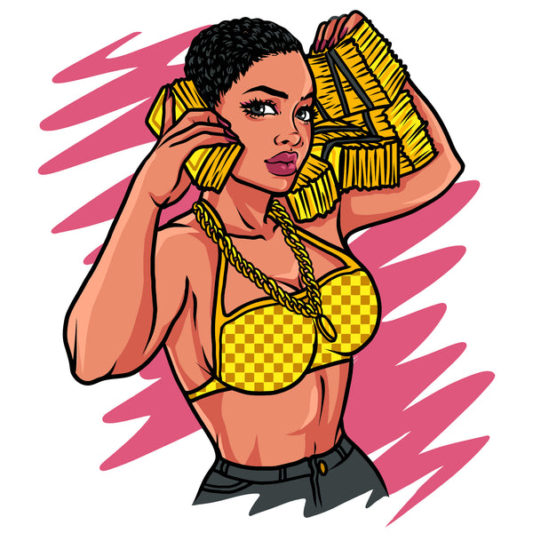 Afro Woman Holding Money Bundle Vector  Artwork Background Wearing Bikini And Chain Short Hair Design Element Fitness Woman SVG JPG PNG Vector Clipart Cricut Cutting Files