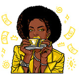 Afro Woman Holding Money Bundle Vector Bite Bundle Money Afro Hair Style Crown And Dollar Symbol Background Design Element SVG JPG PNG Vector Clipart Cricut Cutting Files