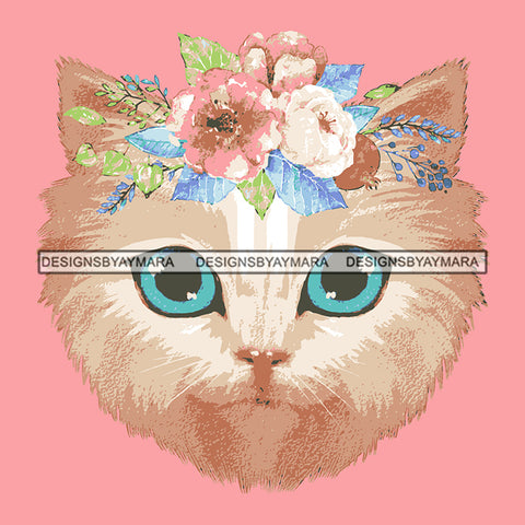 Cute Kitty Cat Face Flower Female Domestic Animal Mammal Vector Designs For T-Shirt and Other Products SVG PNG JPG Cut Files For Silhouette Cricut and More!