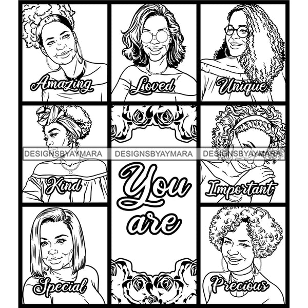 Seven Beautiful Afro Mature Women Bundle You Are Amazing Life Quotes Roses Sistas Melanin Nubian B/W SVG JPG PNG Vector Clipart Cricut Silhouette Cut Cutting