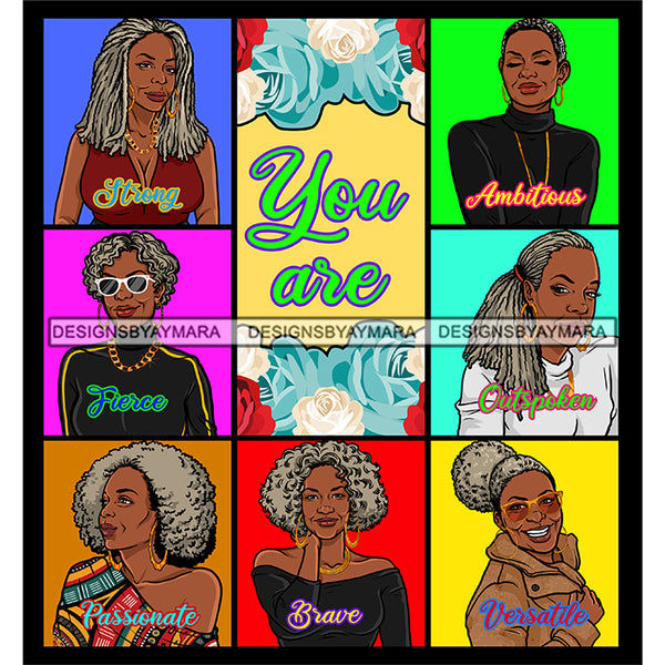 Seven Beautiful Afro Mature Women Bundle You Are Versatile Life Quotes Roses Sistas Melanin Nubian SVG JPG PNG Vector Clipart Cricut Silhouette Cut Cutting