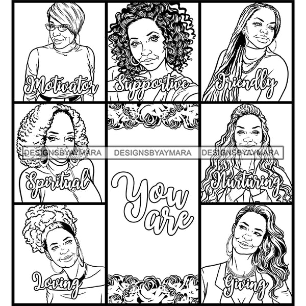 Seven Beautiful Afro Mature Women Bundle You Are Spiritual Life Quotes Roses Sistas Melanin Nubian B/W SVG JPG PNG Vector Clipart Cricut Silhouette Cut Cutting