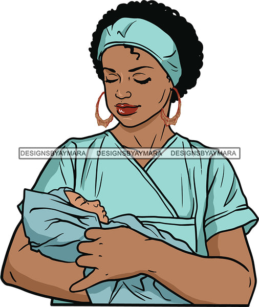 Afro Lola Nurse Doctor Save Life Hero Medical Occupation Bamboo Earrings Surgical Gown Holding New Born Baby SVG Cutting Files For Silhouette Cricut