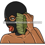 Gangster African American Woman Hand Holding Money Note Wearing Ski Mask Vector Woman Tongue Out Of Mouth Design Element White Background Sexy Pose SVG JPG PNG Vector Clipart Cricut Silhouette Cut Cutting