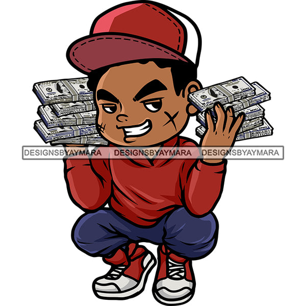 African American Boy Hand Holding Money Bundle Sitting Pose Afro Boy Wearing Cap Scarface Design Element Lot Of On Hand White Background SVG JPG PNG Vector Clipart Cricut Silhouette Cut Cutting