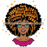 Afro Woman Wearing Heart Design Sunglasses Puffy Hairstyle Lot Of Quote On Hair African American Woman Wearing Hoop Earing Vector Design Element SVG JPG PNG Vector Clipart Cricut Silhouette Cut Cutting
