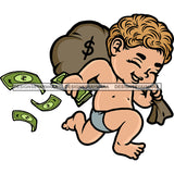 Cute African American Boy Holding Money Bag And Running Money Dripping Smile Face Boys Golden Color Hair Design Element White Background SVG JPG PNG Vector Clipart Cricut Silhouette Cut Cutting