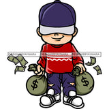 Hip Hop Cartoon Character Boy Holding Money Bag African American Boy Wearing Cap Money Dripping Vector Design Element SVG JPG PNG Vector Clipart Cricut Silhouette Cut Cutting