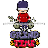 Grind Time Quote Hip Hop Cartoon Character Boy Smile Face Holding Money Bag African American Boy Wearing Cap Money Dripping Vector Design Element SVG JPG PNG Vector Clipart Cricut Silhouette Cut Cutting