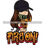 Fire On Quote Gangster African American Woman Holding Gun Wearing Cap Long Nail And Hair Money Face Mask Vector Design Element White Background SVG JPG PNG Vector Clipart Cricut Silhouette Cut Cutting