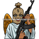 Gangster African American Woman Money Bag Head Design Element Hand Holding Gun AK47 Angle Wings Afro Woman Smile Face Vector SVG JPG PNG Vector Clipart Cricut Silhouette Cut Cutting