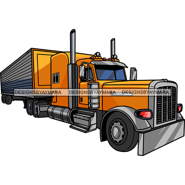 Cargo Container Truck American Big Truck Prime Mover Transport System Vector White Background Orange Semi Truck SVG JPG PNG Vector Clipart Cricut Silhouette Cut Cutting
