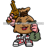 Money Bag Cartoon Character Hand Holding Money Bag And Gun Smile Face Character Standing White Background SVG JPG PNG Vector Clipart Cricut Silhouette Cut Cutting