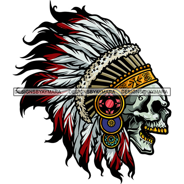 Native Indian Skull Skeleton Head Design Element Indian Plume Poster Chief Warrior Skull Skeleton Danger SVG JPG PNG Vector Clipart Cricut Silhouette Cut Cutting