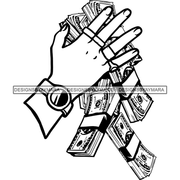 Man Hand Wearing Watch Rings Money Dollars Cash Gangster Dealer Business B/W SVG JPG PNG Vector Clipart Cricut Silhouette Cut Cutting
