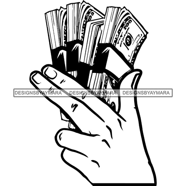 Man Hand Holding Money Dollars Cash Stacks Wealth Gangster Business B/W SVG JPG PNG Vector Clipart Cricut Silhouette Cut Cutting