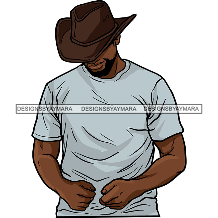 Sexy Black Man Head Down Cowboy Hat Short Sleeve T-Shirt Fashion Style