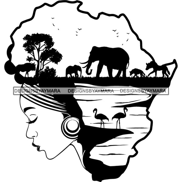 Africa Safari Silhouette Shaped Head Hair In BW SVG JPG PNG Vector Clipart Cricut Silhouette Cut Cutting