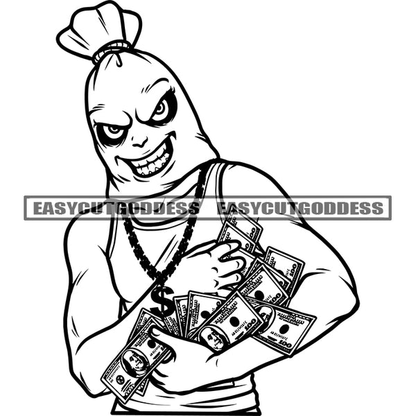 Funny Cartoon Character Smile Face Holding Lot Of Money Bundle Wearing Musk And Chain Cartoon Head Money Bag Design Element SVG JPG PNG Vector Clipart Cricut Silhouette Cut Cutting