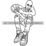 Gangster Afro Man Holding Money Bundle Wearing Face Musk Sitting Pose Smile Face Design Element Black And White Artwork SVG JPG PNG Vector Clipart Cricut Silhouette Cut Cutting