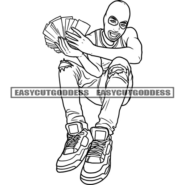 Gangster Afro Man Holding Money Bundle Wearing Face Musk Sitting Pose Smile Face Design Element Black And White Artwork SVG JPG PNG Vector Clipart Cricut Silhouette Cut Cutting