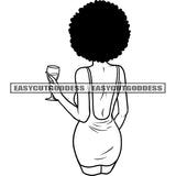 Gangster African American Woman Holding Wine Glasses Vector Afro Hairstyle Woman Standing Backless Dress Vector BW Artwork SVG JPG PNG Vector Clipart Cricut Silhouette Cut Cutting