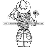 African American Woman Backside Design Element Sunflower On His Hair Vector Afro Woman Holding Flower Wearing Hat BW SVG JPG PNG Vector Clipart Cricut Silhouette Cut Cutting