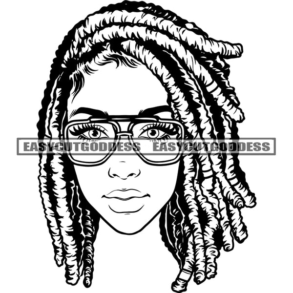Afro Woman Face Art Wearing Sunglasses African American Woman Smile Face Head And Locus Hairstyle BW Artwork Design Element Smile Face SVG JPG PNG Vector Clipart Cricut Silhouette Cut Cutting