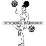 Afro Cheerleader Woman Dancing And Holding Flower Black And White Artwork Design Element Afro Hairstyle And Wearing Short Dress BW SVG JPG PNG Vector Clipart Cricut Silhouette Cut Cutting