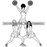 Afro Three Cheerleader Woman Dancing And Holding Flower Black And White Artwork Design Element Afro Hairstyle And Wearing Short Dress BW SVG JPG PNG Vector Clipart Cricut Silhouette Cut Cutting