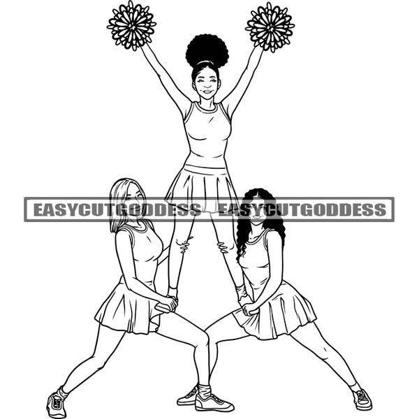 Afro Three Cheerleader Woman Dancing And Holding Flower Black And White Artwork Design Element Afro Hairstyle And Wearing Short Dress BW SVG JPG PNG Vector Clipart Cricut Silhouette Cut Cutting