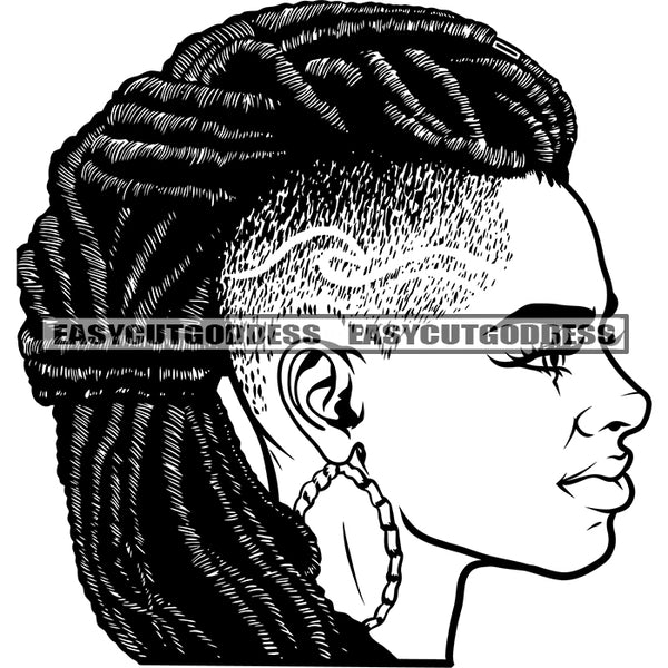 Gangster African American Side Face Design Element Short Hairstyle Vector Black And White Artwork BW Wearing Hoop Earing SVG JPG PNG Vector Clipart Cricut Silhouette Cut Cutting