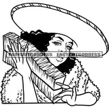 African American Woman Holding Money Bundle And Wearing Cap Curly Hairstyle Long Nail Design Element BW Artwork SVG JPG PNG Vector Clipart Cricut Silhouette Cut Cutting