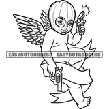 African American Angle Holding Pistol Hide Face Vector Baby Angel Wings Fly Black And White Artwork BW Wearing Musk Afro Hairstyle SVG JPG PNG Vector Clipart Cricut Silhouette Cut Cutting