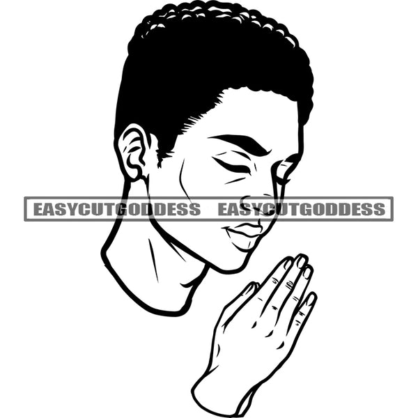Black And White Afro Woman Hard Praying Hand Afro Short Hair Style Vector Design Element Side Face SVG JPG PNG Vector Clipart Cricut Silhouette Cut Cutting