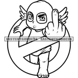 Funny Cartoon Character Showing Middle Finger Fuck Hand Sign Design Element Stop Sign Symbol Vector BW Artwork Alien Wings SVG JPG PNG Vector Clipart Cricut Silhouette Cut Cutting