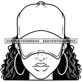 Black And White African Woman Head Design Element Wearing Hoop Earing And Cap Afro Woman Curly Hairstyle Black And White Artwork BW SVG JPG PNG Vector Clipart Cricut Silhouette Cut Cutting