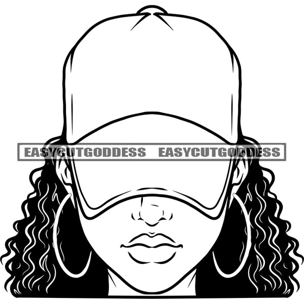 Black And White African Woman Head Design Element Wearing Hoop Earing And Cap Afro Woman Curly Hairstyle Black And White Artwork BW SVG JPG PNG Vector Clipart Cricut Silhouette Cut Cutting