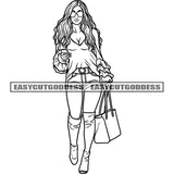 Afro Model Woman Walking And Holding Hand Bag Wearing Sunglasses And Curly Long Hairstyle African American Woman Sexy Pose SVG JPG PNG Vector Clipart Cricut Silhouette Cut Cutting