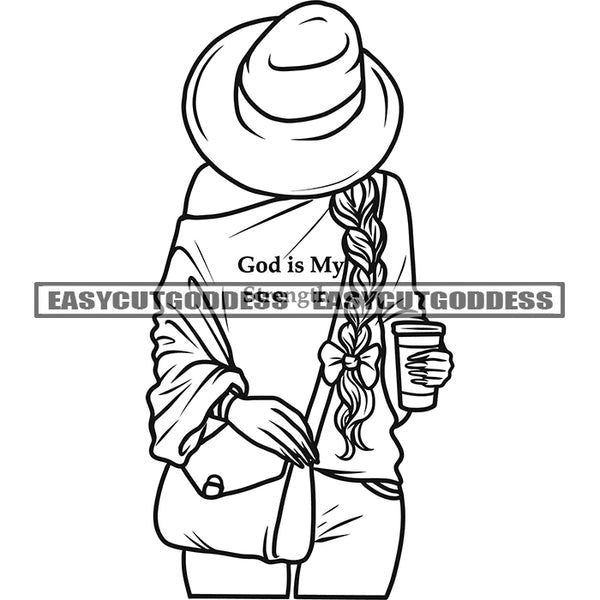 African American Woman Holding Coffee Mug Hide Face Wearing Hat Design Element And Side Bag Long Hairstyle BW Artwork SVG JPG PNG Vector Clipart Cricut Silhouette Cut Cutting