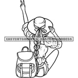 Peach Hand Sign Afro Woman Sitting Pose School Bag On Back Side Long Hairstyle Holding Hat Vector BW Artwork Design Element SVG JPG PNG Vector Clipart Cricut Silhouette Cut Cutting