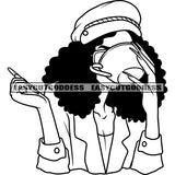 African Woman Holding Coffee Mug And Drinking Coffee Afro Hairstyle Long Nail Hide Face Wearing Cap Vector BW Artwork SVG JPG PNG Vector Clipart Cricut Silhouette Cut Cutting