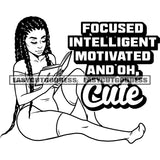 Focused Intelligent Motivated And Oh. Cute Quote Sexy African American Woman Sitting Pose And Reading Book Locus Long Hairstyle Design Element Close Eyes Wearing Sexy Dress SVG JPG PNG Vector Clipart Cricut Silhouette Cut Cutting
