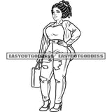 African American Woman Standing Model Pose Afro Sexy Woman Locus Hairstyle Holding Shopping Bag Vector BW SVG JPG PNG Vector Clipart Cricut Silhouette Cut Cutting