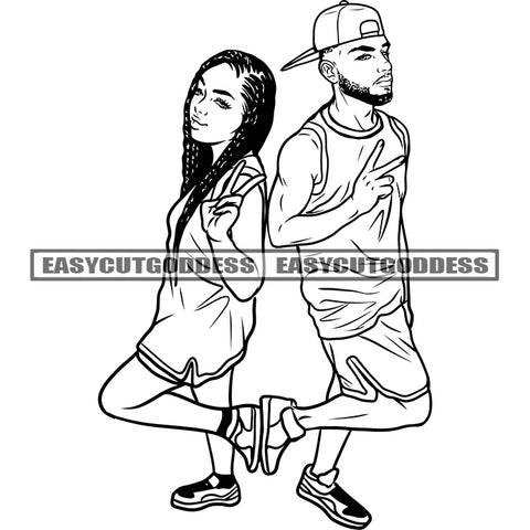 Peach Hand Sign African American Young Couple Standing Wearing Cap Vector Black And White Artwork BW Swag Couple Goals SVG JPG PNG Vector Clipart Cricut Silhouette Cut Cutting