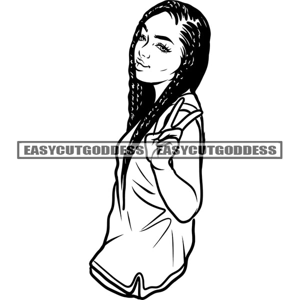 African American Young Gils Sowing Peach Hand Sing Design Element Long Hairstyle Black And White Artwork SVG JPG PNG Vector Clipart Cricut Silhouette Cut Cutting