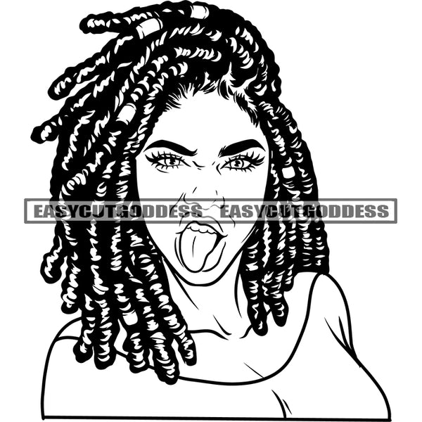Afro Woman Tounge  Out Of Mouth African American Woman Face Design Element Locus Hairstyle BW Artwork SVG JPG PNG Vector Clipart Cricut Silhouette Cut Cutting