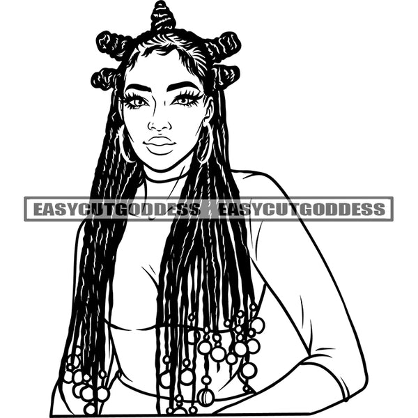 Afro Attractive Cute Urban Girl Face Design Element BW Artwork Locus Hairstyle Wearing Hoop Earing Smile Face And Sexy Body SVG JPG PNG Vector Clipart Cricut Silhouette Cut Cutting