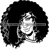 African American Woman Face Design Element Afro Woman Curly Long Hairstyle Wearing Hoop Earing Smile Face Woman Head Artwork BW SVG JPG PNG Vector Clipart Cricut Silhouette Cut Cutting